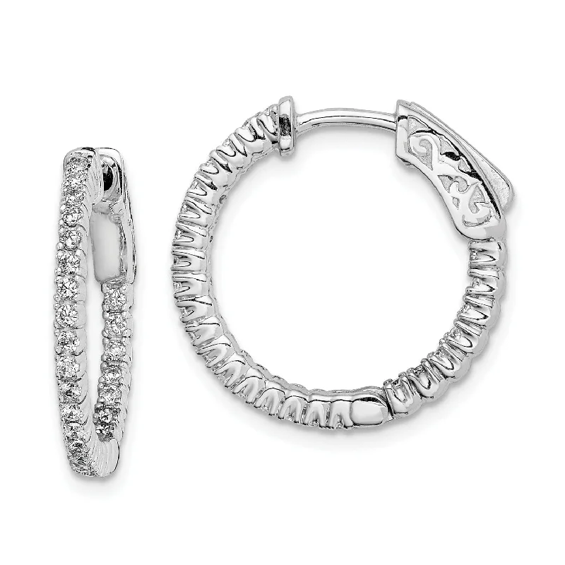 women luxury gold earrings -Sterling Silver Cubic Zirconia 15MM Safety Clasp In & Out Hoop Earrings