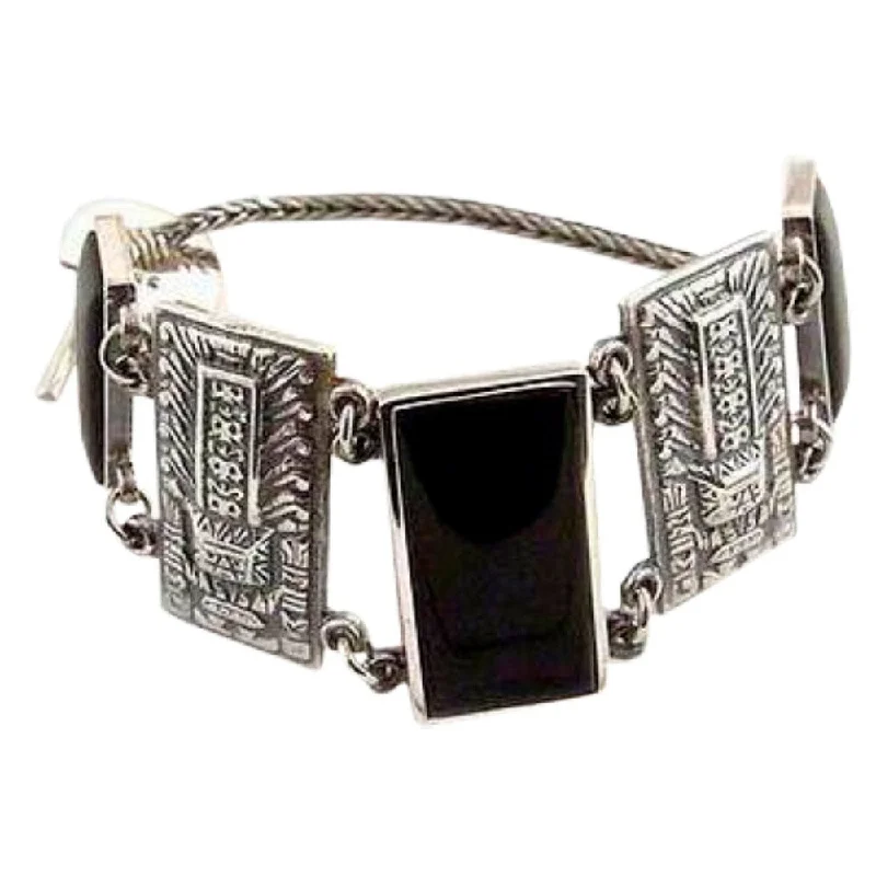 women layered bangles -Handmade Sterling Silver 'Chavin Heritage' Obsidian Bracelet (Peru)