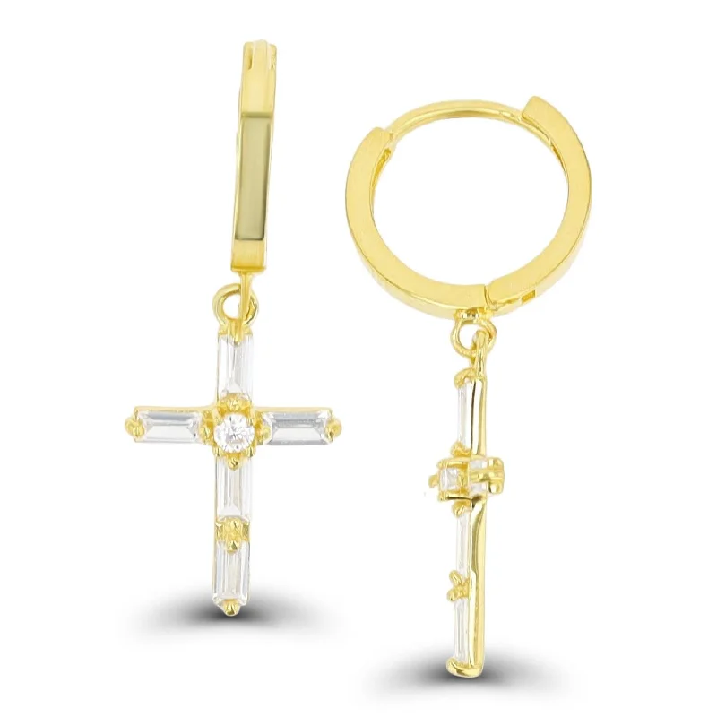 women long earrings -14KT Yellow Gold Baguette Cubic Zirconia Drop & Dangle Cross Earrings