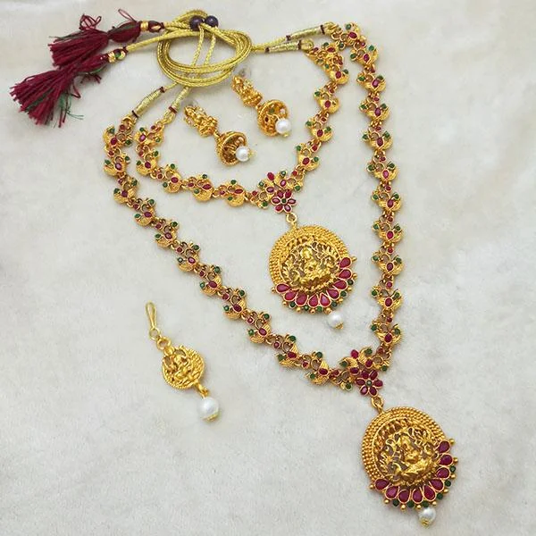 women dainty gold necklaces -Bhavi Maroon Stone Double Gold Plated Necklace Set