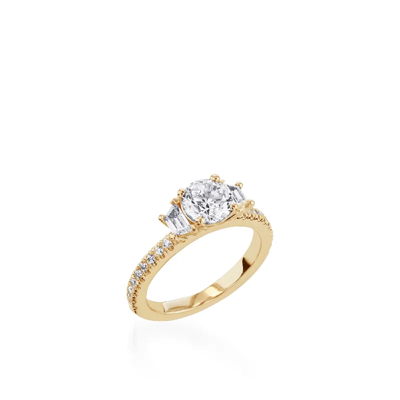 women unique engagement rings -Essence Three Stone Yellow Gold Engagement Ring