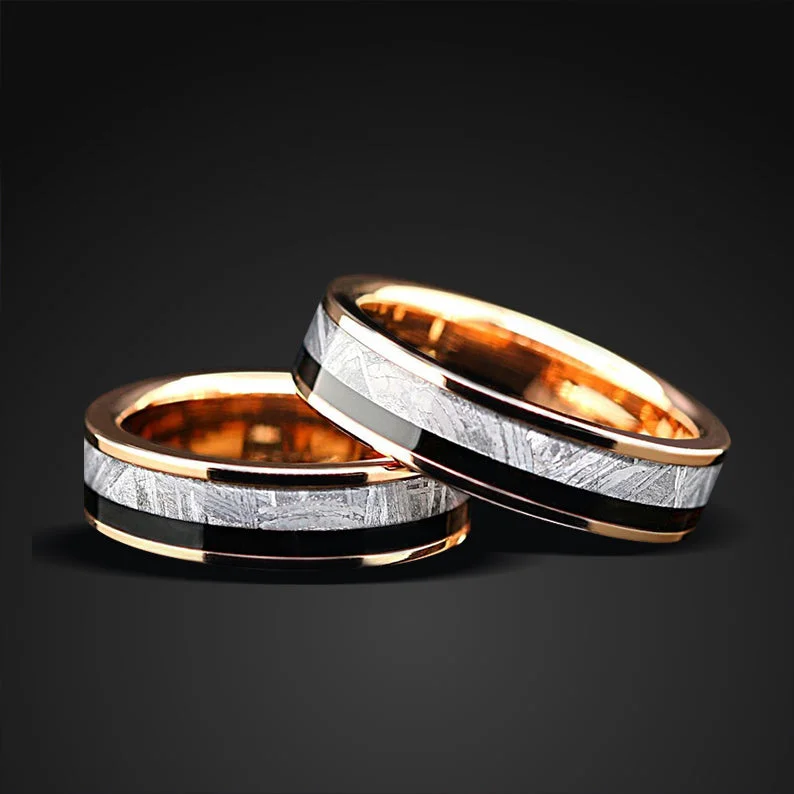 women bold rings -Meteorite Wedding Bands | Rose gold plated Tungsten  Ring for Women | Muonionalusta Meteorite Wedding Bands for Him & Her