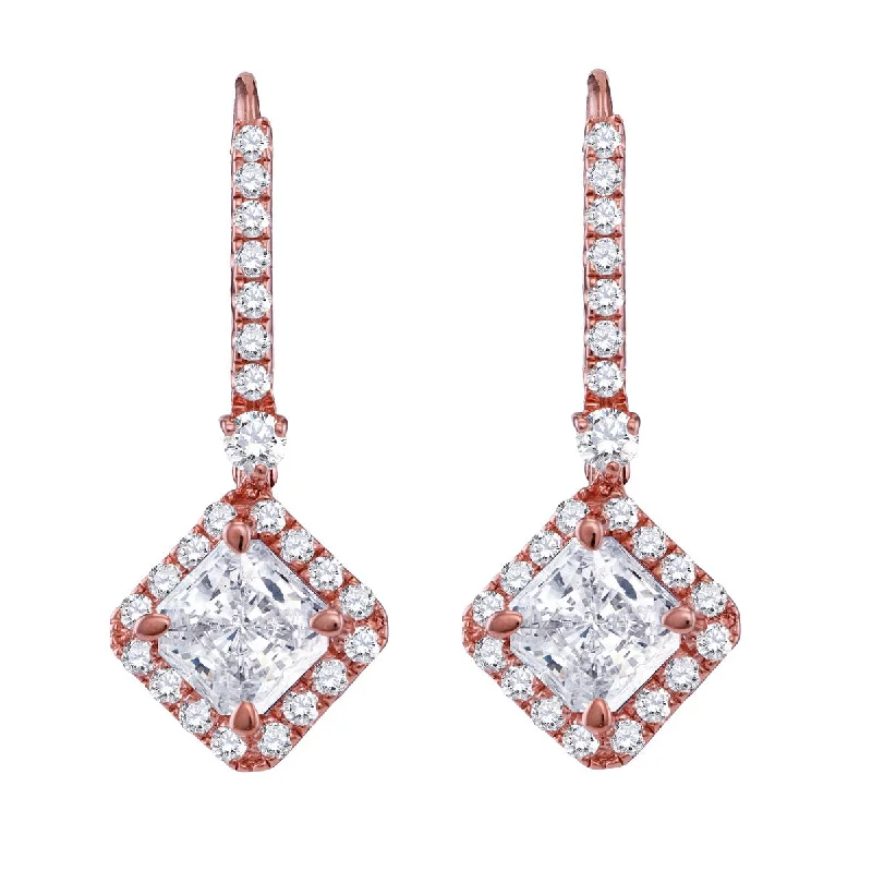 women elegant stud earrings -14KT Rose Gold Plated Sterling Silver Princess Cut Cubic Zirconia Leverback Earrings