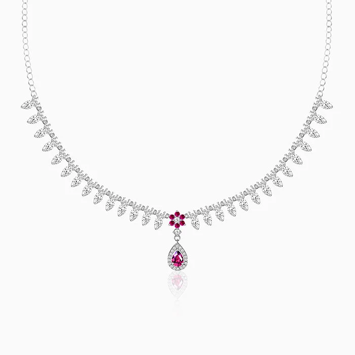 women opal necklaces -Silver Pink Flower Drop Necklace