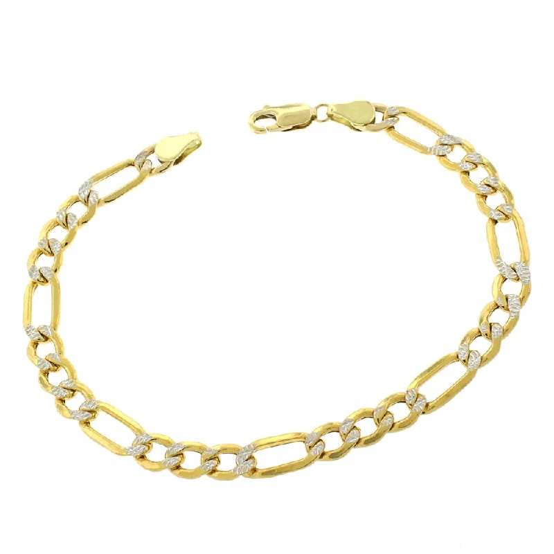 women cuff bracelets -10k Yellow Gold 6mm Hollow Figaro Link Diamond Cut Two-Tone Pave Bracelet Chain 8"