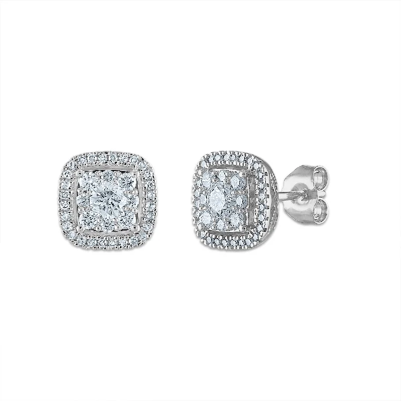 women wedding earrings -Signature 3/4 CTW Diamond Halo Stud Cushion Earrings in 14KT White Gold