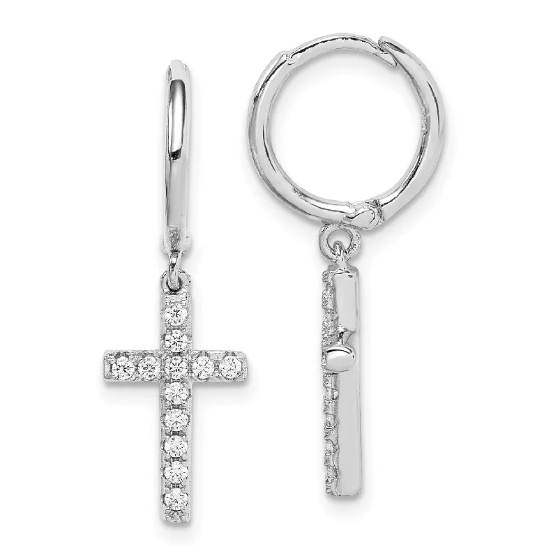 women personalized earrings -Sterling Silver Cubic Zirconia 27X9MM Cross Hinged Hoop Earrings