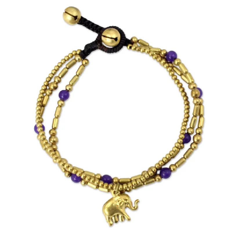 women birthstone bangles -Handmade Brass Purple Elephant Charm Bracelet (Thailand)