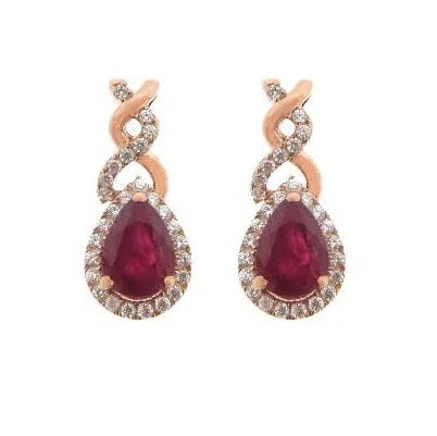 women stud earrings -6X4MM Pear Ruby and Diamond Stud Twist Earrings in 10KT Rose Gold