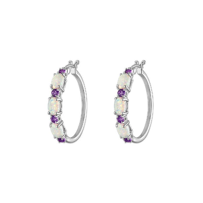 women long earrings -6X4MM Oval Opal and Amethyst Hoop Earrings in Rhodium Plated Sterling Silver