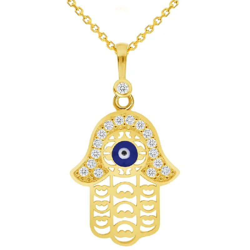 women layered necklaces -14k Yellow Gold Cubic-Zirconia Filigree Blue Evil Eye Charm Pendant with Rolo Cable, Cuban Curb, or Figaro Chain Necklace