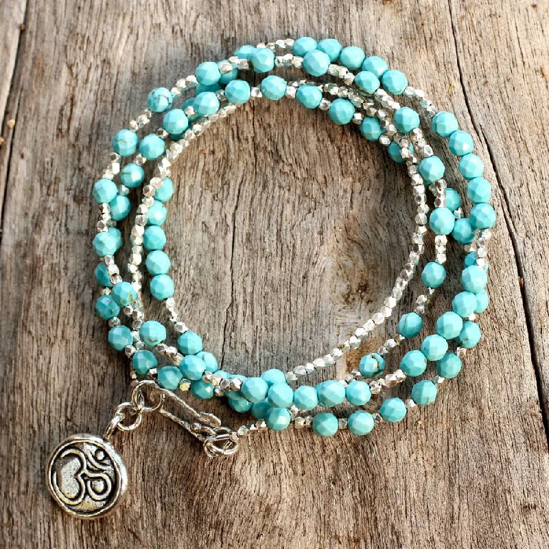 women adjustable bracelets -Handmade Sterling Silver Turquoise Universal Harmony Multi Stone Ohm Pendant Bracelet (Thailand) - Blue