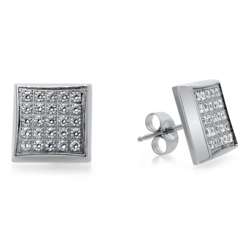 women luxury pearl earrings -Stainless Steel Square Stud Earrings with 1/4 CTW Pave Diamonds