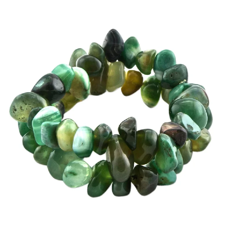 women beaded bangles -Handmade Pair of Agate Beaded Stretch Bracelets, 'Green Duo' (Brazil)