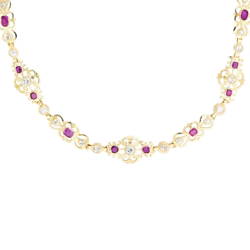 women adjustable necklaces -Art Deco Austrian 18k Diamond and Ruby Scrolling Panel Link Necklace