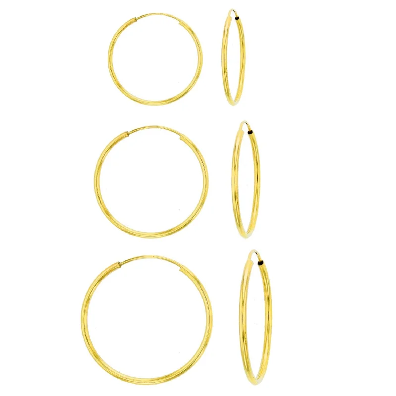 women minimalistic earrings -14KT Yellow Gold 1MM Wide 3-Pair 10MM, 12MM & 14MM Hoop Earrings