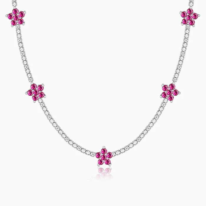 women eco-friendly necklaces -Silver Pink Floral Necklace