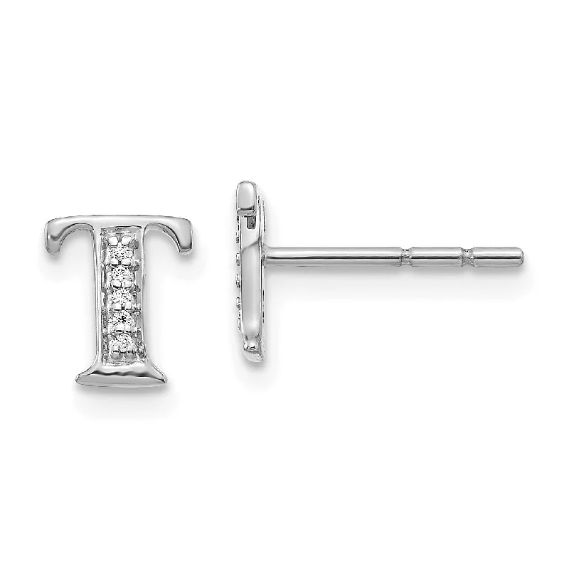 women artistic earrings -1/33 CTW Diamond Stud Initial Earrings in 14KT White Gold; Initial T