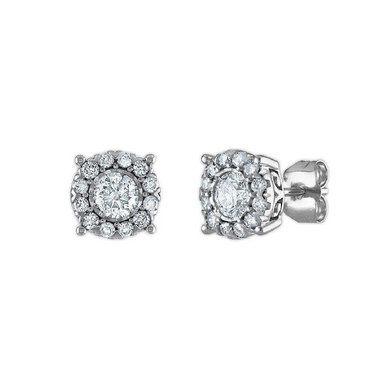 women gold hoop earrings -1 CTW Diamond Halo Stud Earrings in 14KT White Gold