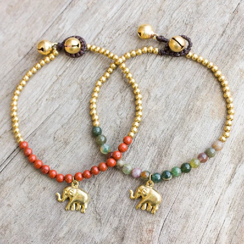 women mixed metal bracelets -Set of 2 Brass 'Stylish Elephants' Jasper Bracelets (Thailand)