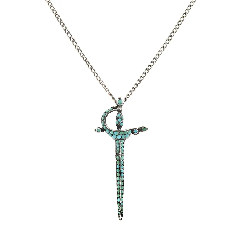 women geometric chain necklaces -Victorian Sterling Pavé Turquoise Rapier Sword Conversion Pendant Necklace