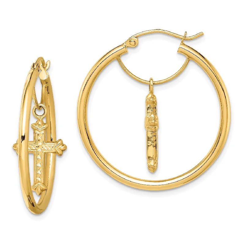 women dazzling earrings -14KT Yellow Gold Diamond-cut Cross Hoop Earrings