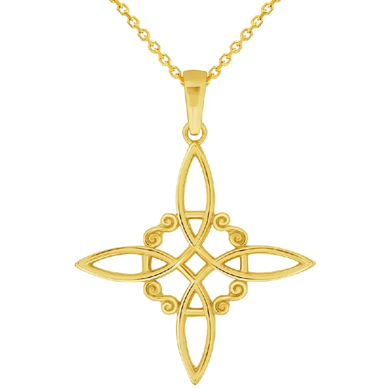 women delicate necklaces -14k Yellow Gold Witch's Knot Cross Wiccan Symbol Pendant with Rolo Cable, Cuban Curb, or Figaro Chain Necklace