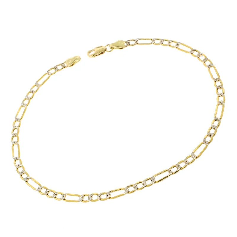 women luxury bracelets -10k Yellow Gold 3mm Hollow Figaro Link Diamond Cut Two-Tone Pave Bracelet Chain 8", 9"