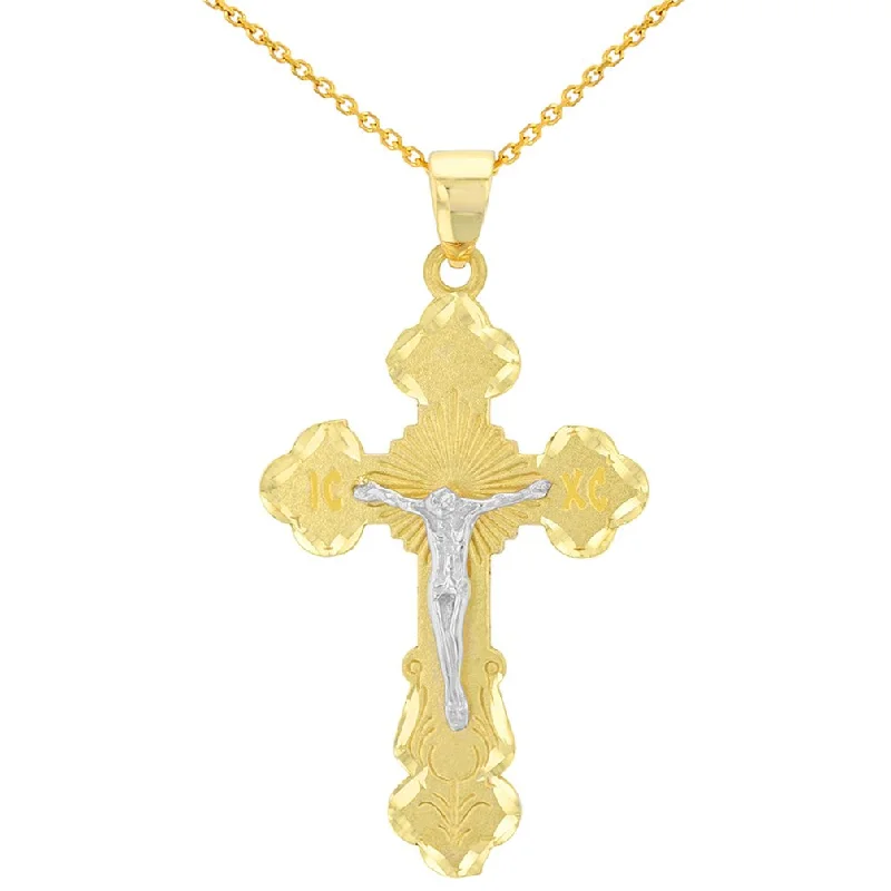 women classic pendant necklaces -Solid 14K Two Tone Gold Eastern Orthodox Save and Protect Cross ICXC Crucifix Pendant with Cable, Curb, or Figaro Chain Necklaces