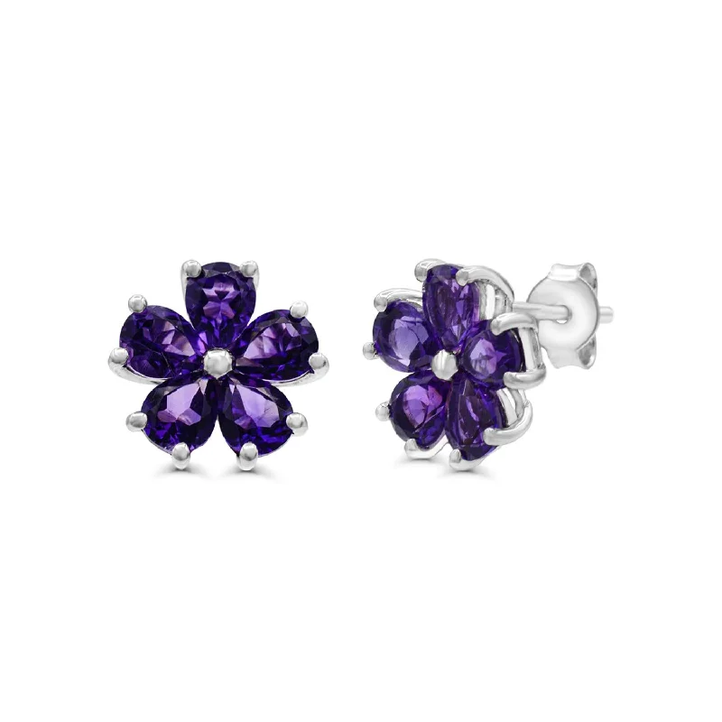 women dangle earrings -Amethyst Flower Stud Earrings in Sterling Silver