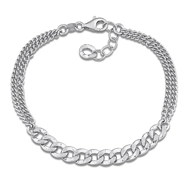 women men’s leather bracelets -Miadora Double Row 2.4mm Curb 6.3mm Hammered Link Bracelet Sterling Silver