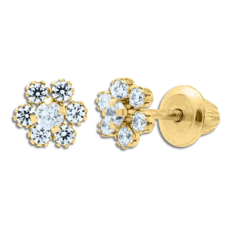 women cubic zirconia earrings -Kiddie Kraft 14KT Yellow Gold Cubic Zirconia Childrens Flower Stud Earrings