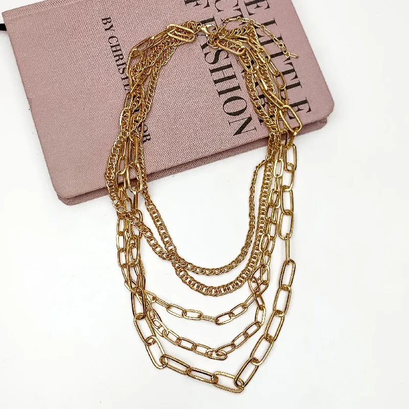 women gemstone necklaces -Forever Chic Multi Strand Chain Necklace in Gold Tone