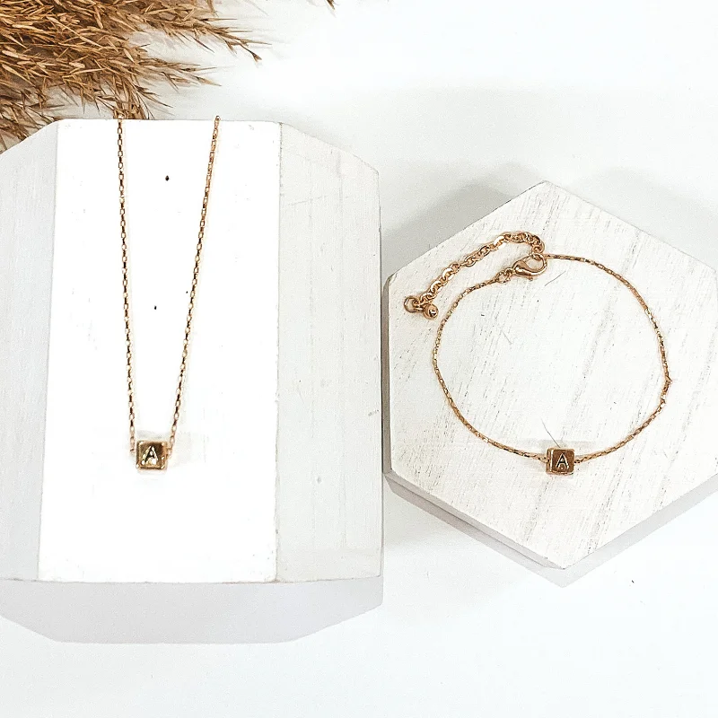 women dainty gold necklaces -Initial Box Charm Necklace and Bracelet Duo in Gold