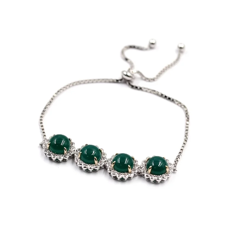 women cuff bangles -925 Sterling Silver Green Agate and White Natural Zircon Bolo Bracelet