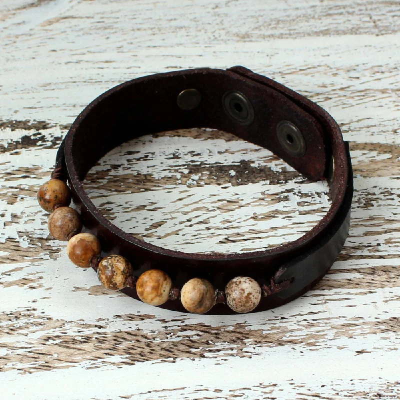 women dainty bracelets -Handmade Men's Leather 'Rock Party' Jasper Bracelet (Thailand)