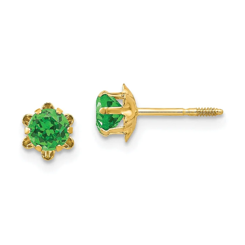 women romantic earrings -4MM Simulated Emerald Stud Earrings in 14KT Yellow Gold