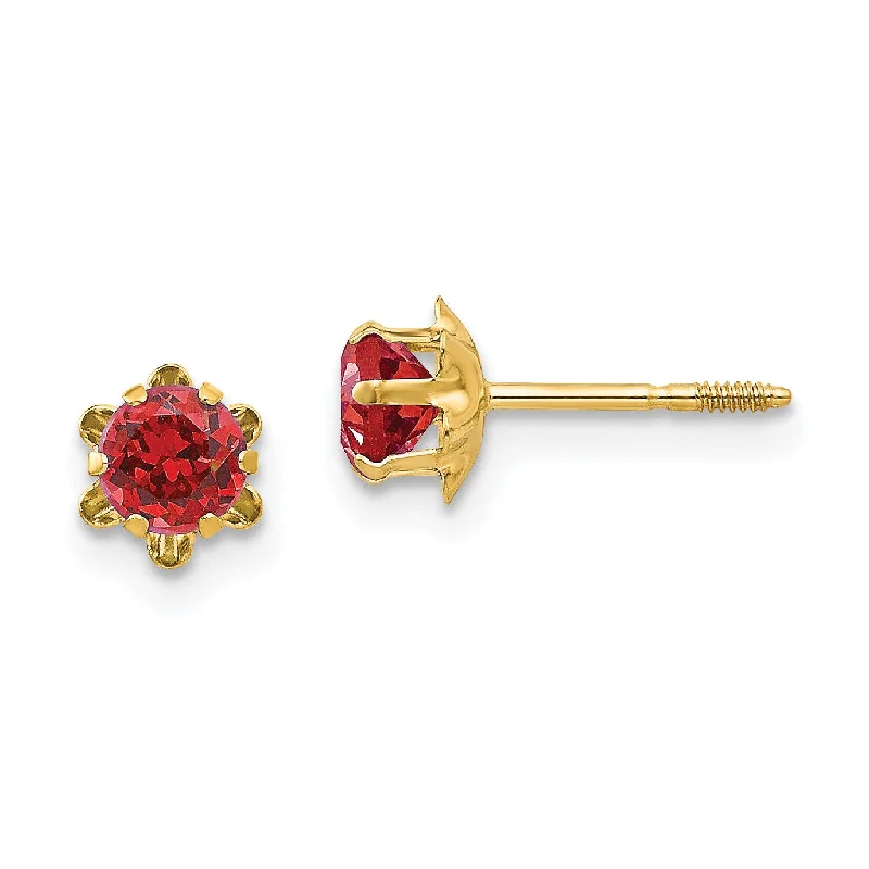 women fashion statement earrings -4MM Simulated Ruby Stud Earrings in 14KT Yellow Gold