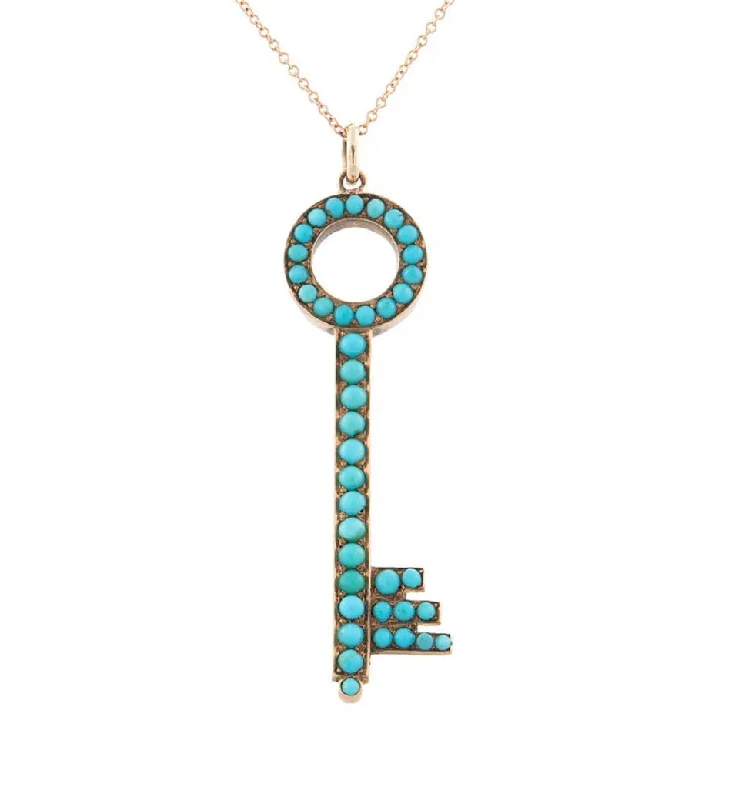 women stackable necklaces -Victorian 14kt Rose Gold + Persian Turquoise Key Pendant Necklace