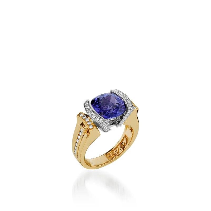 women high-quality engagement rings -Signature Cushion Cut Tanzanite and Pave Diamond Ring