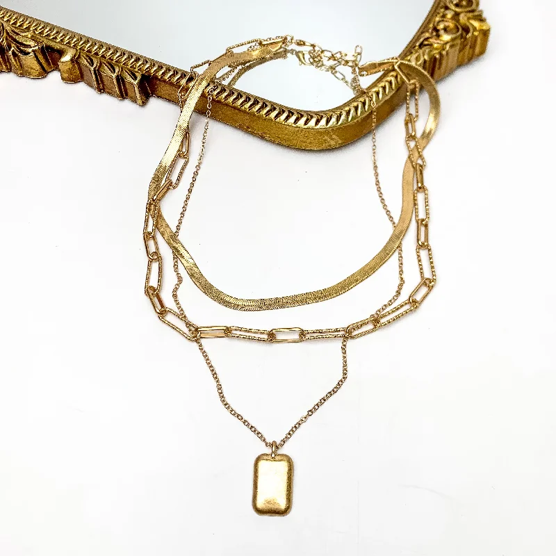 women eco-conscious necklaces -Three Strand Gold Tone Necklace With Rectangle Pendant