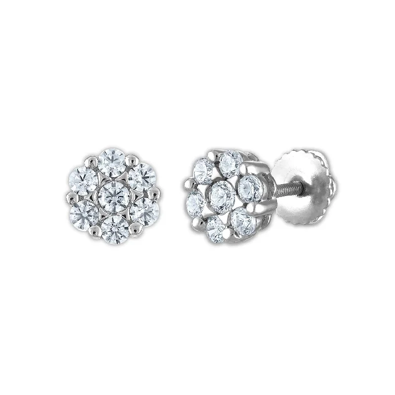 women handmade earrings -EcoLove 3/4 CTW Lab Grown Diamond Cluster Stud Flower Shaped Earrings in 14KT White Gold