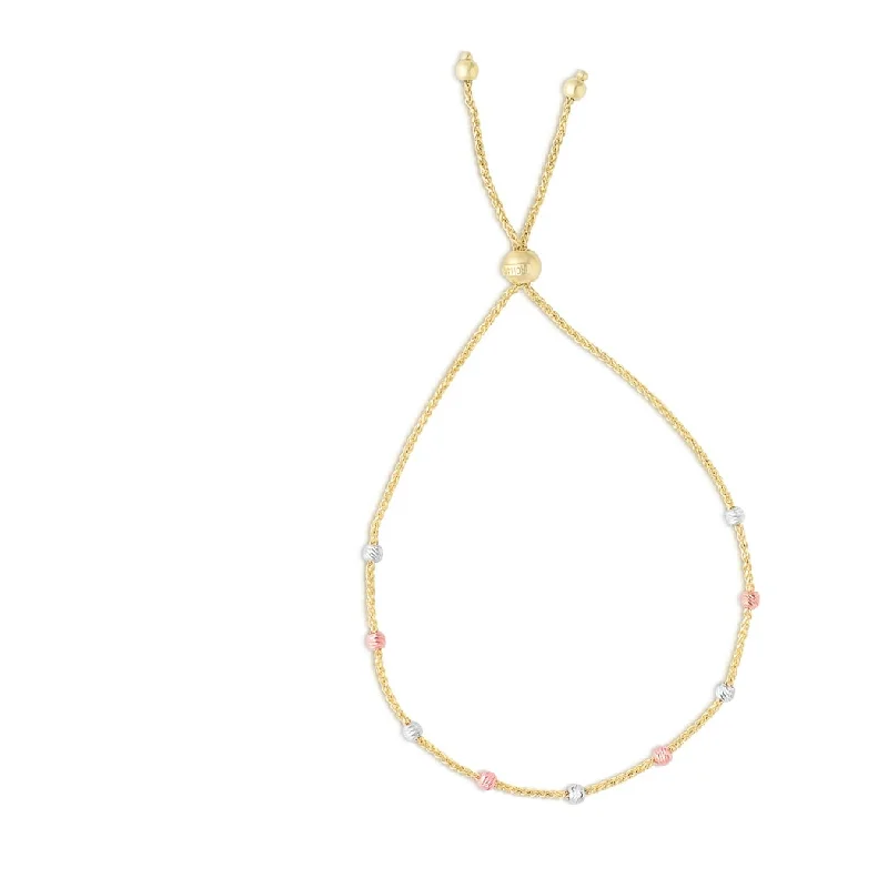 women heart-shaped bracelets -Curata 14K Yellow Gold 9.25" Stationed Beads Bolo Friendship Bracelet