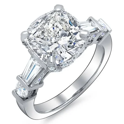 women diamond solitaire wedding rings -3.80 Ctw Cushion & Baguette Hidden Halo Engagement Ring I Color VS1 GIA Certified