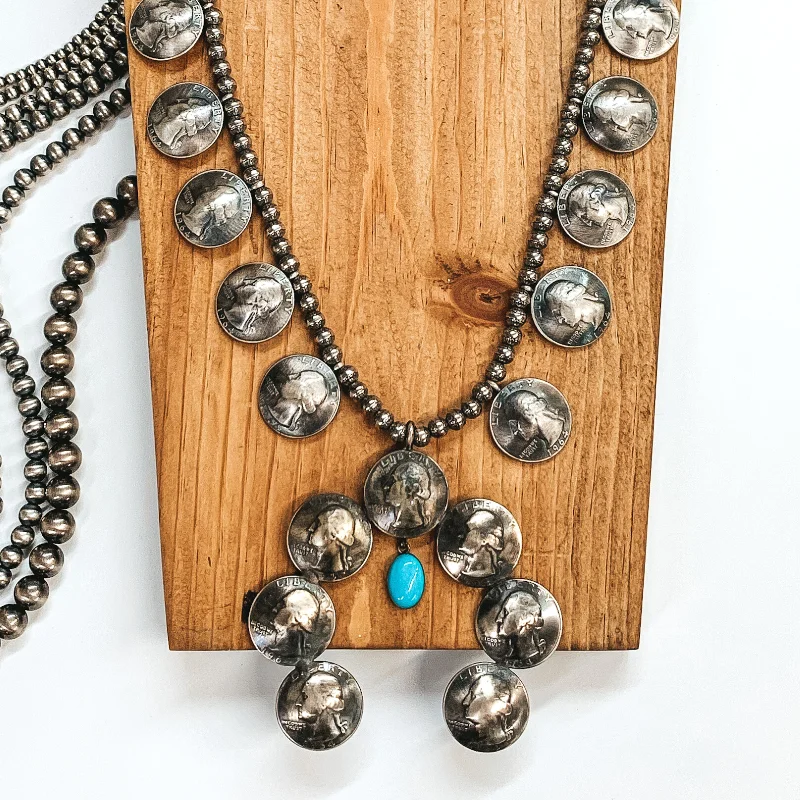 women gold bar necklaces -Navajo | Navajo Handmade Vintage Sterling Silver Quarter Naja Necklace with Hanging Turquoise Stone