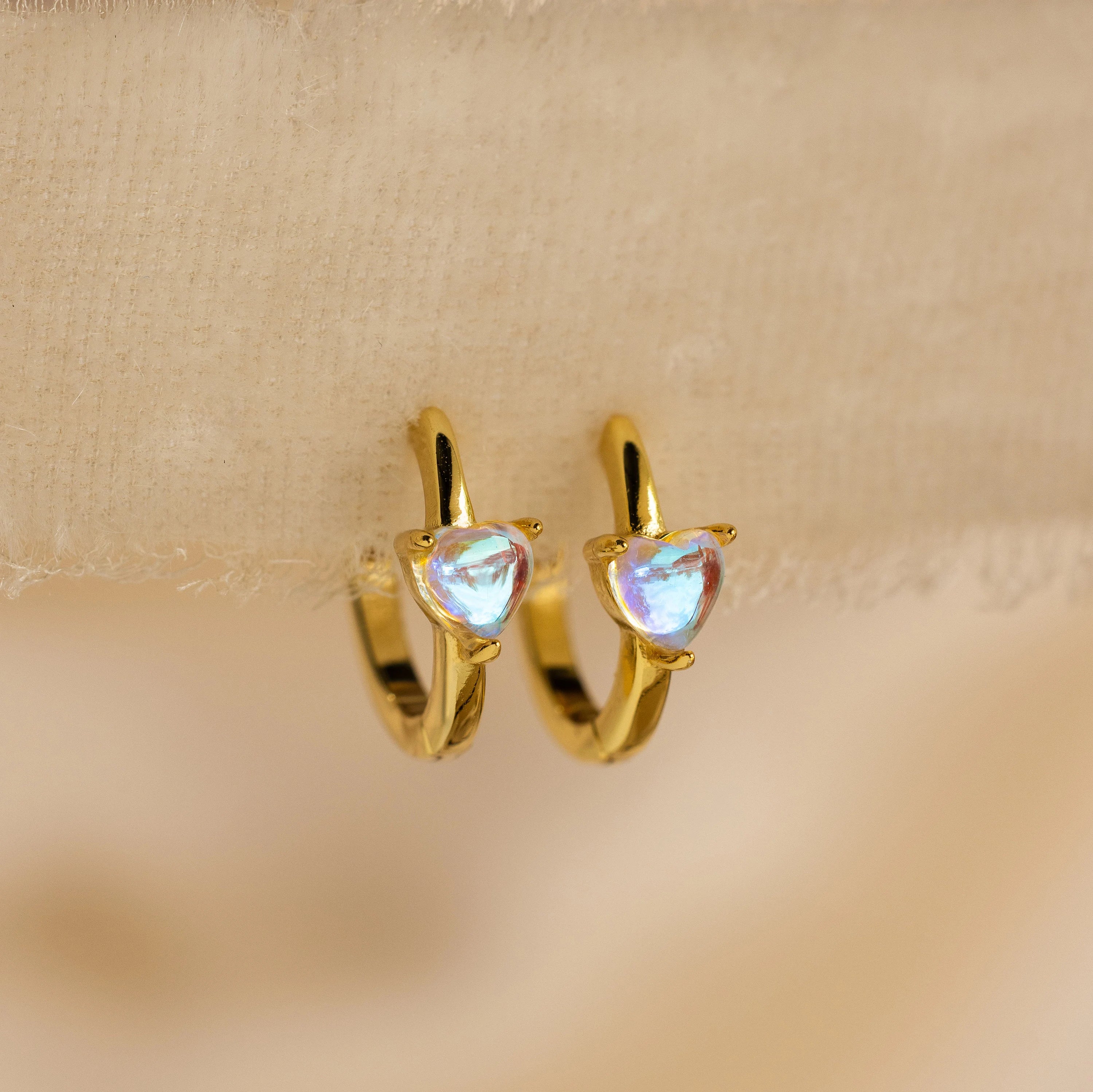 women custom earrings -Moonstone Heart Huggies