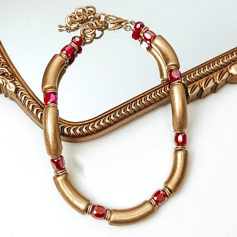 women high-quality necklaces -Gold Tone Tube Necklace with Red Crystal Spacers