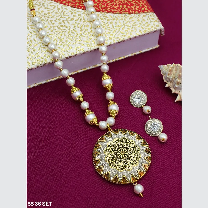 women short necklaces -Mahavir Gold Plated Pearls Long Necklace Set