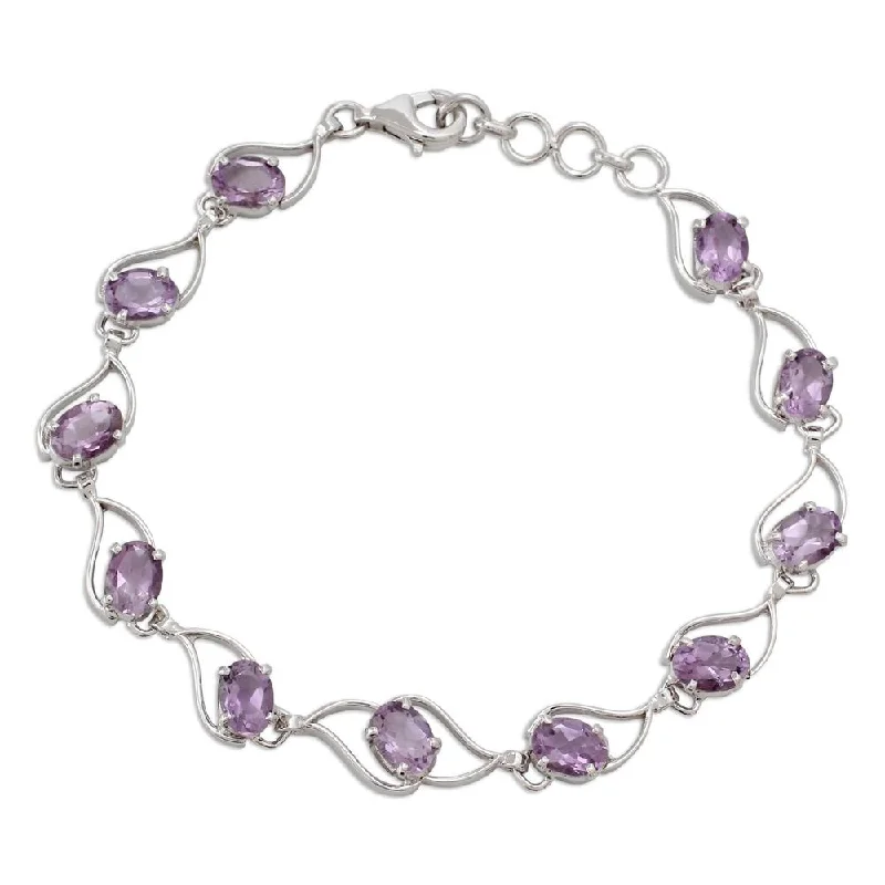 women beaded bangles -Handmade Sterling Silver Amethyst Link Bracelet, 'Lilac Waves' (India)