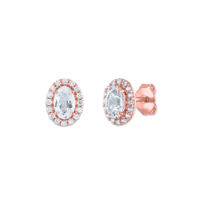 women silver earrings -6X4MM Oval Topaz and Sapphire Birthstone Halo Stud Earrings in 10KT Rose Gold